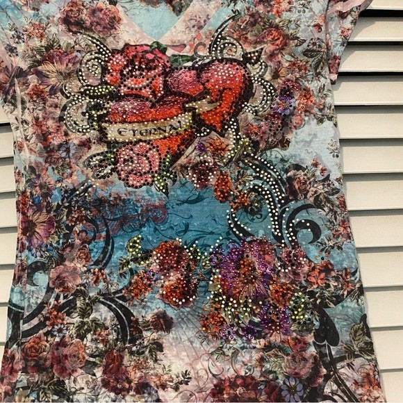Y2K Ariella size Large Allover Print Rose Rhinestone Colorful Baby Tee - Picture 2 of 8